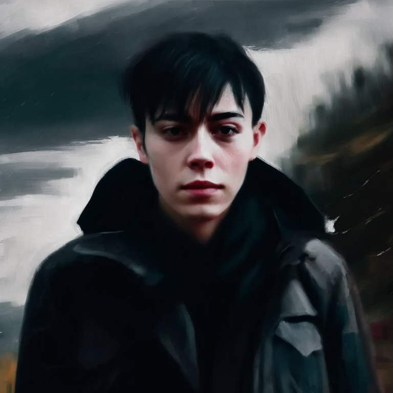 a person wearing a black jacket in a painterly photographic style