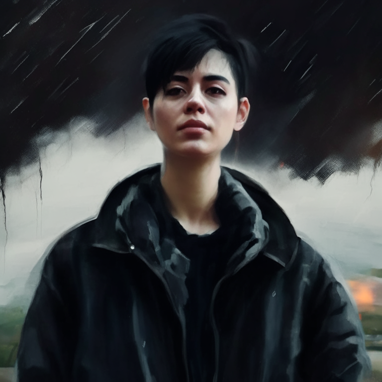 a person wearing a black jacket in a painterly photographic style with more details