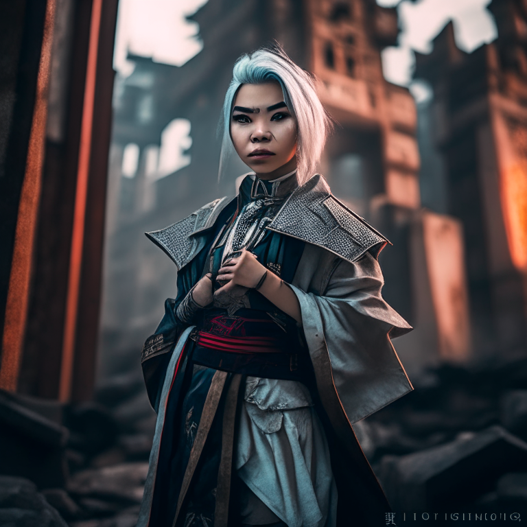 a Chinese girl standing on the ruins of a cyberpunk city, wearing Ming Dynasty brocade clothing and holding a short dagger, with silver gray hair and a smiling expression, in a medium shot with a professional photographer lens and a cute natural makeup, in a stunning modern urban upscale environment with bright soft diffused light and volumetric fog, with a sharp focus and depth of field of f/1.8 and 85mm, and a centered image composition, in black and red clothes with patterns, with highly detailed and intricate features, and professionally color graded, in HDR 8K resolution, and trending on Instagram and Tumblr, in an ultra-realistic and concept art style.