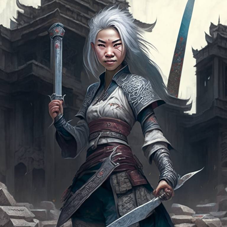 A Chinese girl standing on the ruins of cyberpunk, wearing Ming Dynasty brocade clothing, holding a short dagger in her hand, with silver gray hair and a smiling expression