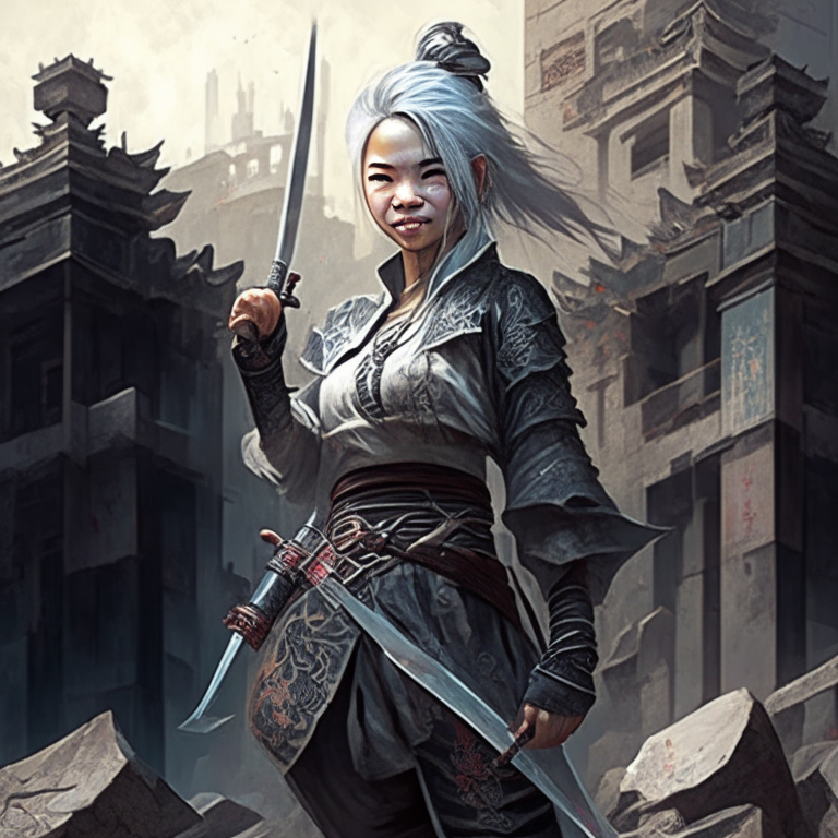 A Chinese girl standing on the ruins of cyberpunk, wearing Ming Dynasty brocade clothing, holding a short dagger in her hand, with silver gray hair and a smiling expression