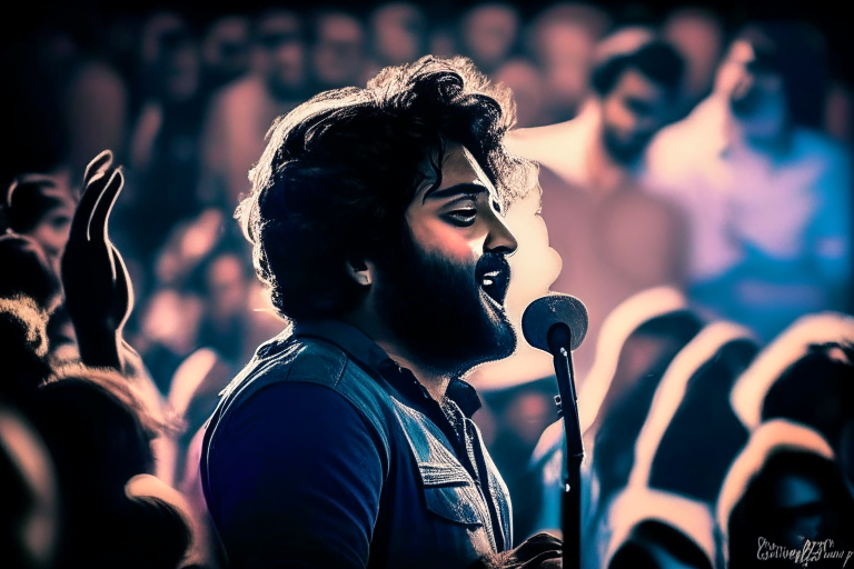 Arijit Singh singing at a concert with a lively crowd in the background