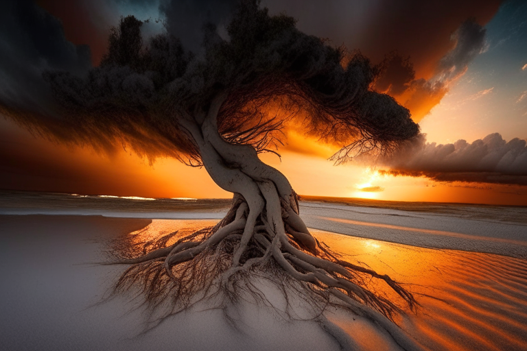 roots coming out of a white sand beach with a stormy sky in an orange sunrise