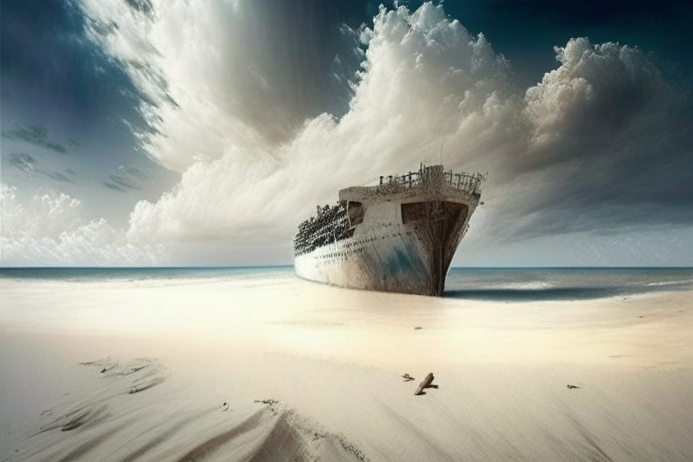 un barco en el horizonte, con raíces que emergen de una playa de arena blanca en un cielo tormentoso fotorealista
