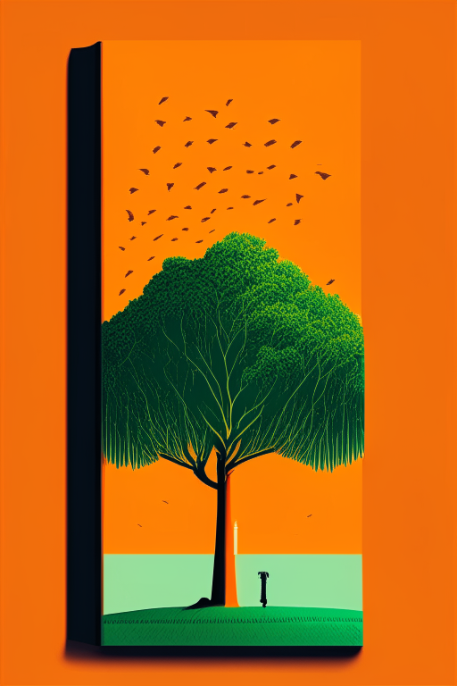 A4 size book cover with a big tree in the center, a middle school student standing under the tree looking up at the sky, bright orange and grass green color combination, flat design style, with a sense of technology