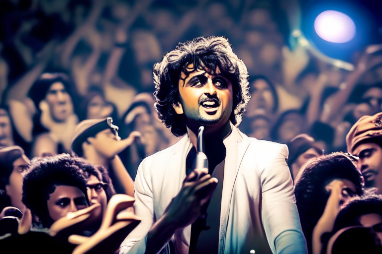 Sonu Nigam singing at a concert with a lively crowd in the background