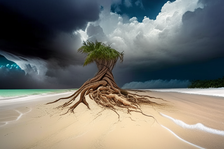 roots coming out of the white sand on a Caribbean beach with storms in the sky