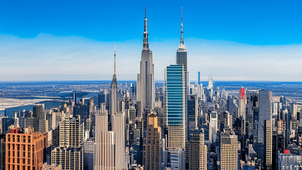 una vista panoramica della città di New York, con l'Empire State Building e il One World Trade Center in primo piano