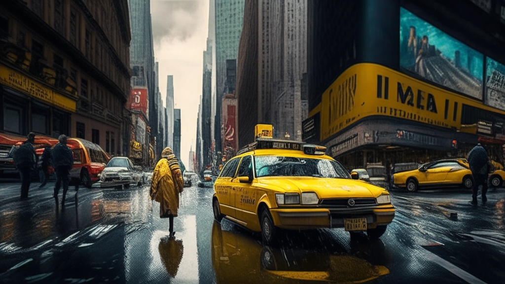 un'immersione nella vita quotidiana della città di New York, con persone che camminano per le strade e taxi che passano