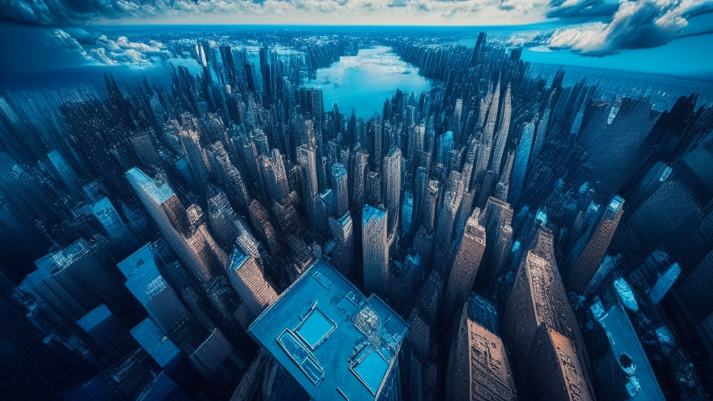 una vista dall'alto della città di New York, con i grattacieli che si stagliano contro il cielo azzurro