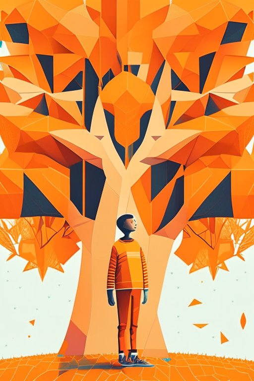 a middle school student made of geometric shapes standing in front of a tree made of geometric shapes, with a bright and cheerful orange color scheme