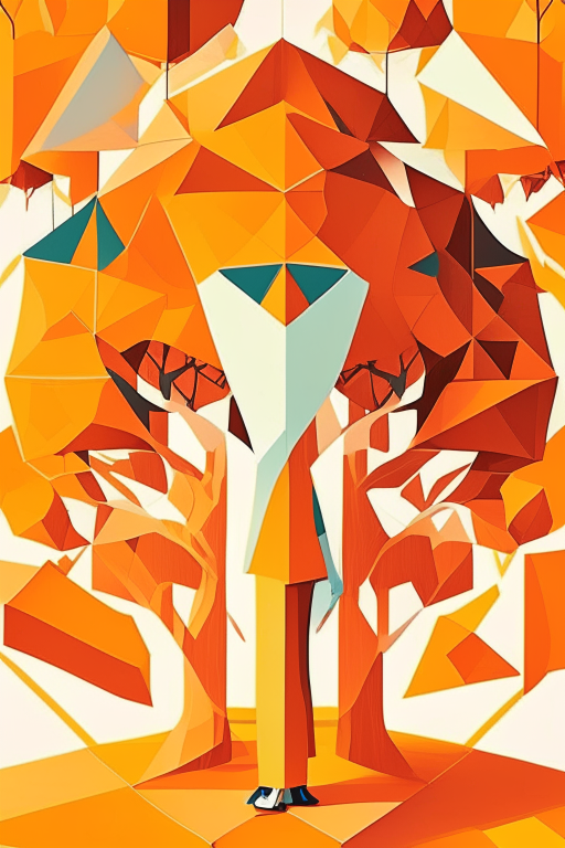 a middle school student made of geometric shapes standing in front of a tree made of geometric shapes, with a bright and cheerful orange color scheme, in the style of Shunji Yuzawa