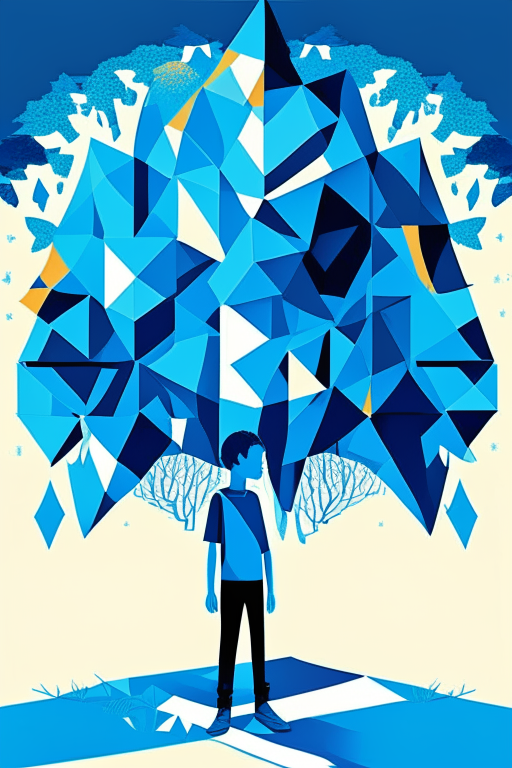 a middle school student made of geometric shapes standing in front of a tree made of geometric shapes, with a bright and cheerful blue color scheme, in the style of Shunji Yuzawa