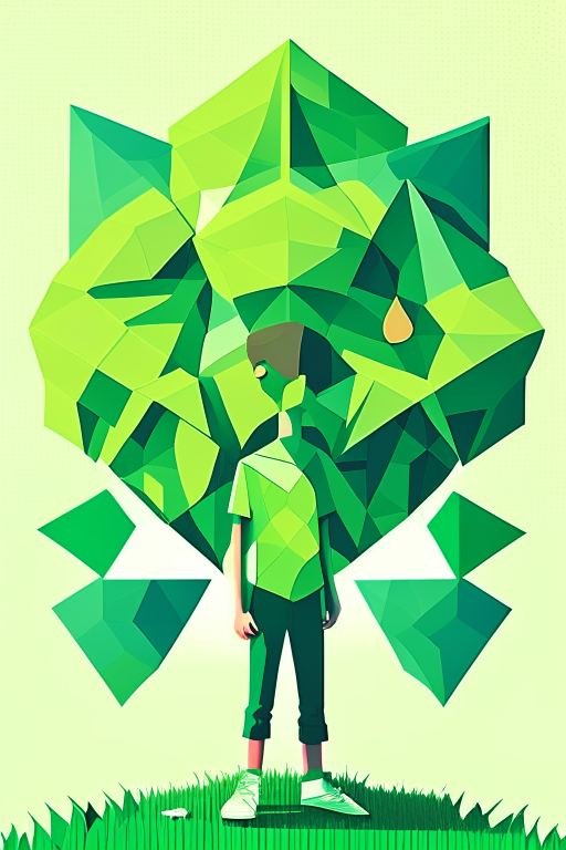 a middle school student made of geometric shapes standing in front of a tree made of geometric shapes, with a bright and cheerful green color scheme, in the style of Shunji Yuzawa