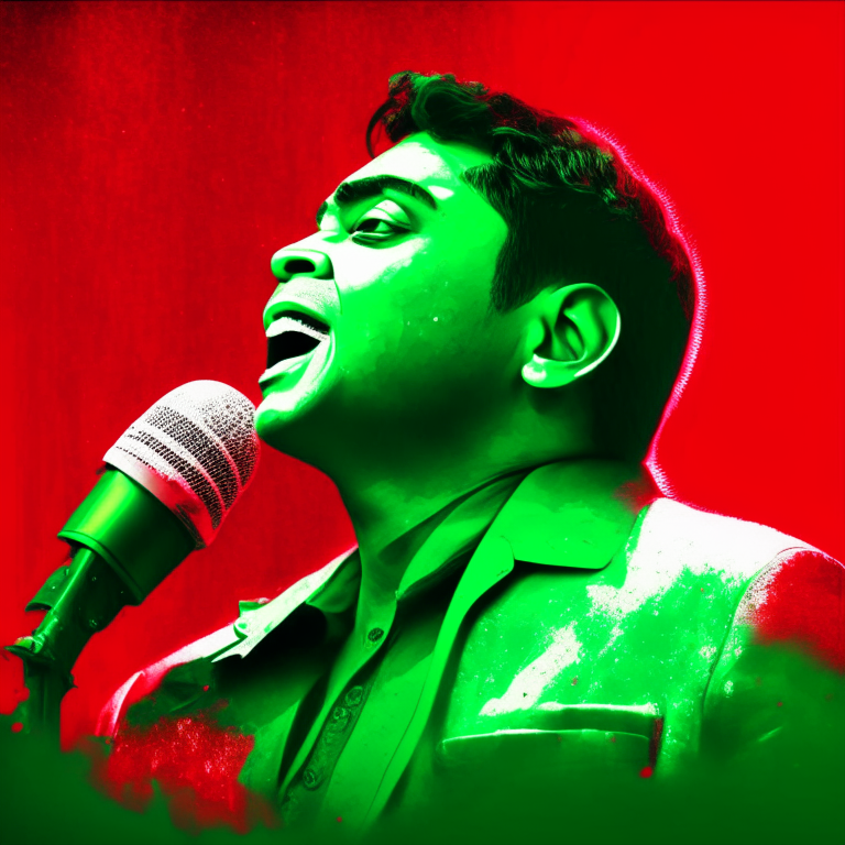 A.R Rahman singing with a red, white, and green background