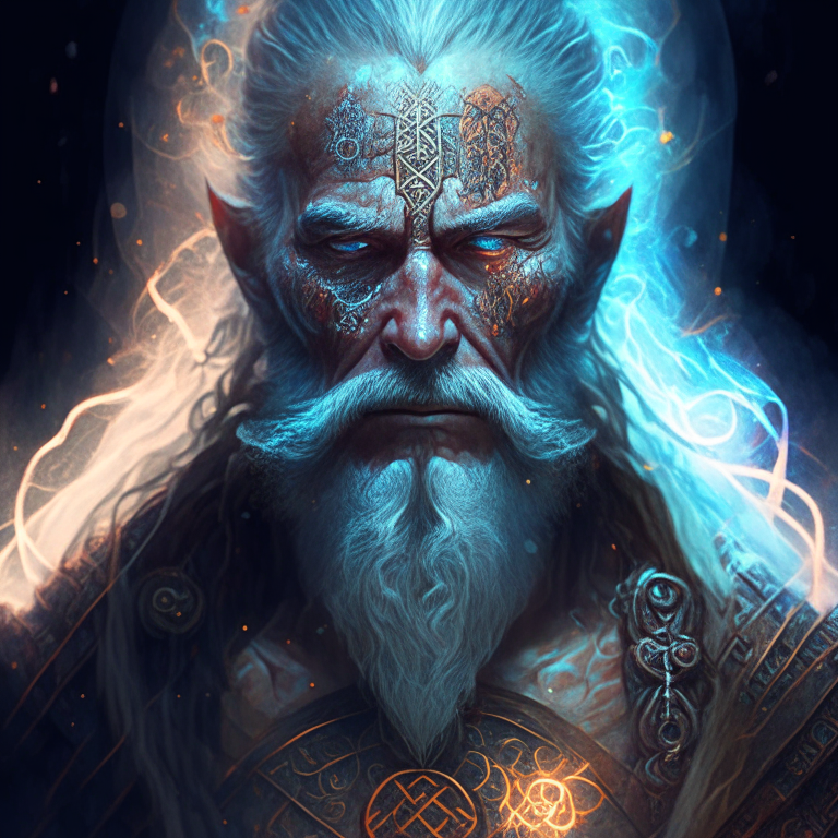 a portrait of a mystic old male warrior with glowing runes and runic tattoos, surrounded by mist and intricate details, in a digital art style inspired by Stanley Artgerm Lau, Karol Bak, and Bokey