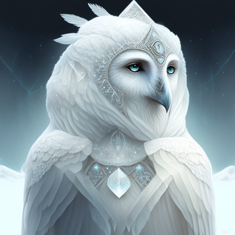 an anthropomorphic profile of the white snow owl Crystal priestess