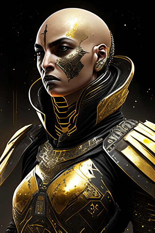 a bald, determined Arabic female warrior with ornamental scars, wearing black and gold scifi military armor, in a space opera setting