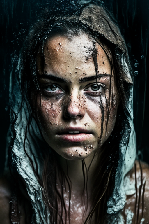 a beautiful young woman covered in water and liquid, wearing old and ragged clothes, in a cover photography with a body and face photo