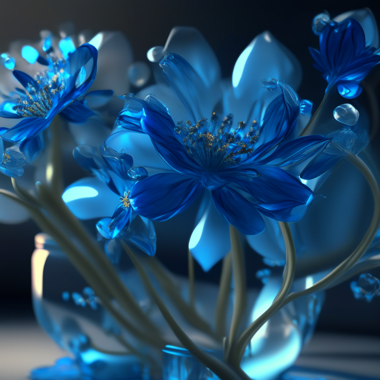 hyper-realistic glass flowers in blue, with organic twisting shapes, rendered with Octane Render, Unreal Engine and Blender Render, with immersive detail and enhanced quality