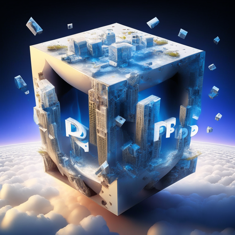 a 3D cube with the letters 3rdpartypeople on it, floating in space with a futuristic city in the background