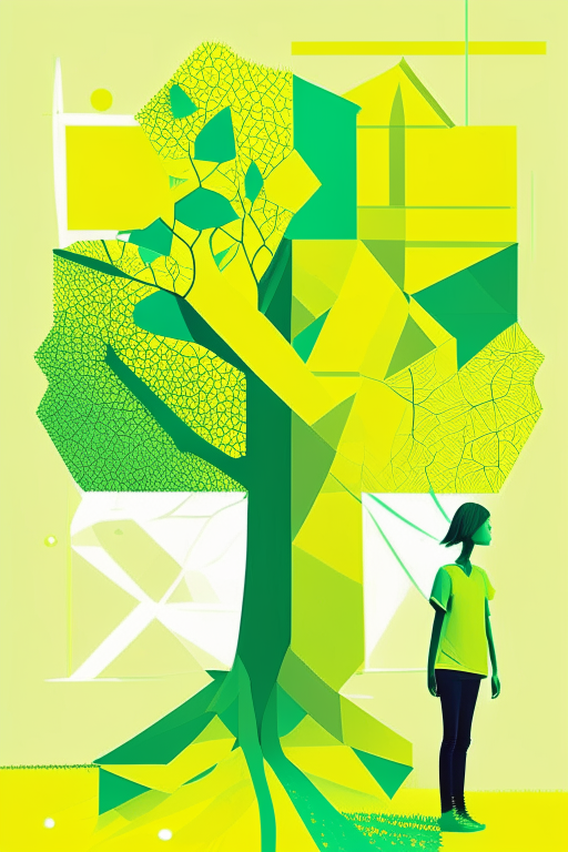 an abstract middle school student and a tree made of geometric shapes, with a bright and cheerful green color scheme and pops of yellow