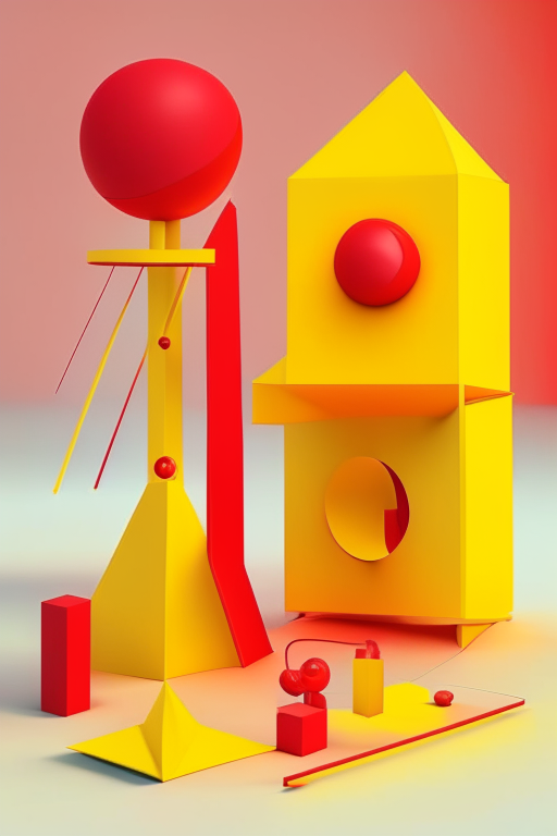 an abstract physics experiment equipment made of simple geometric shapes, with a bright and cheerful red color scheme and pops of yellow