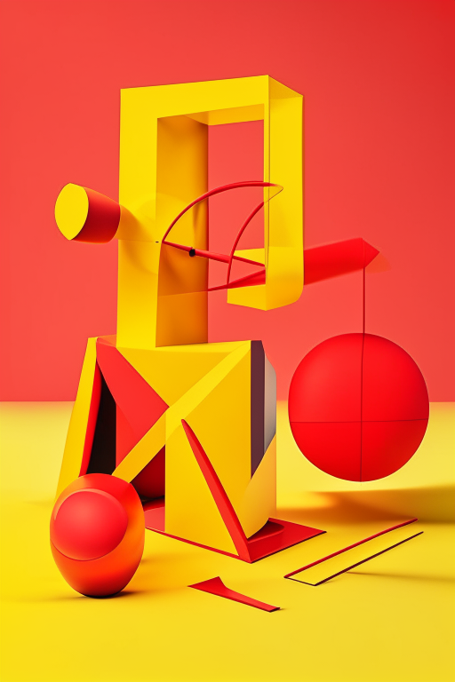 an abstract physics experiment equipment made of simple geometric shapes, with a bright and cheerful red color scheme and pops of yellow