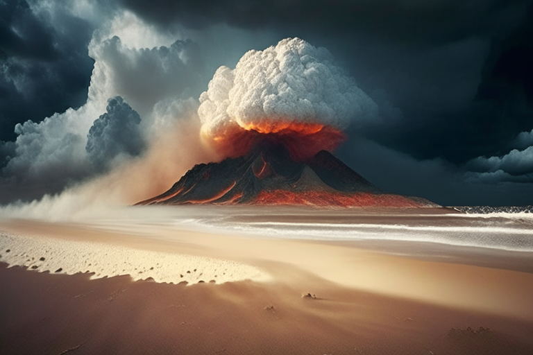 a volcano erupting on a white sand beach with a stormy sky