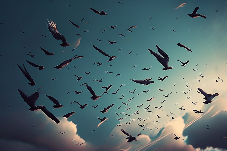 a flock of birds flying in the sky