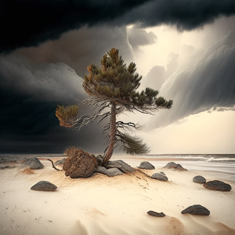a pine tree on white sand with burning stones and a stormy sky
