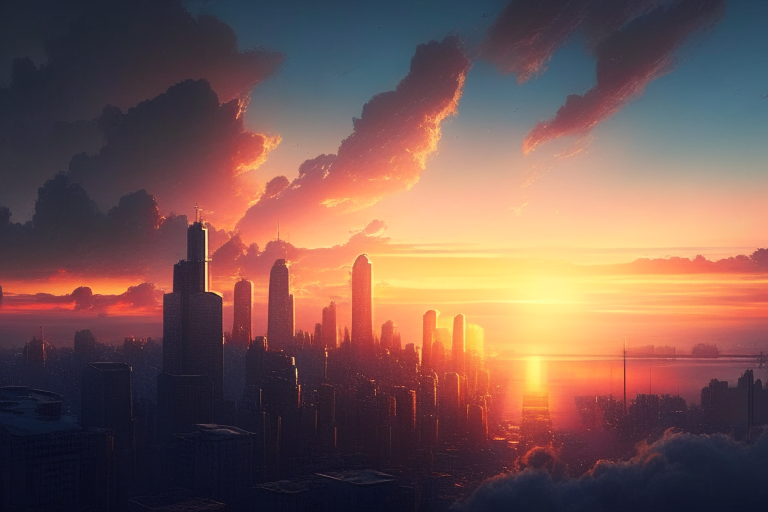 a city at dawn with a beautiful sunrise and a few clouds in the sky