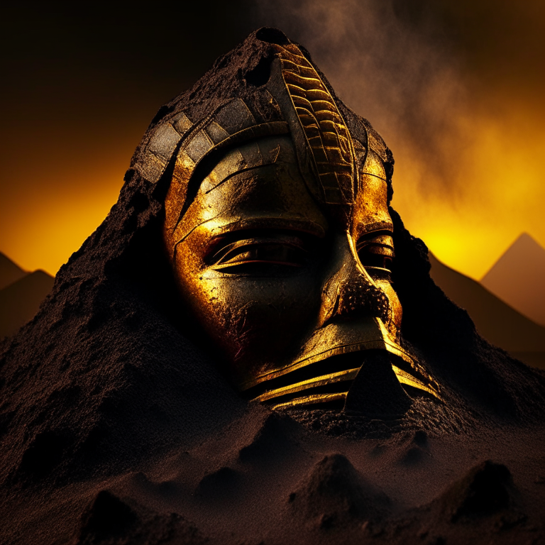the oxidized mask of Tutankhamun in the lava of a volcano at dawn