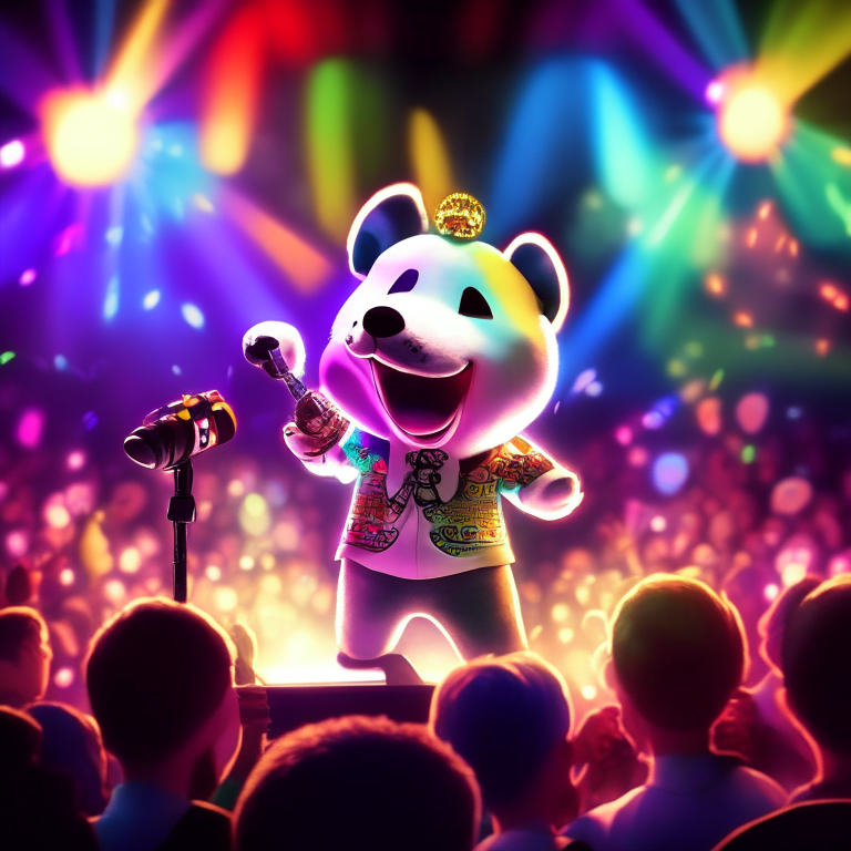 K.K. Slider singing on a stage with a microphone in his hand, surrounded by colorful lights and a cheering crowd