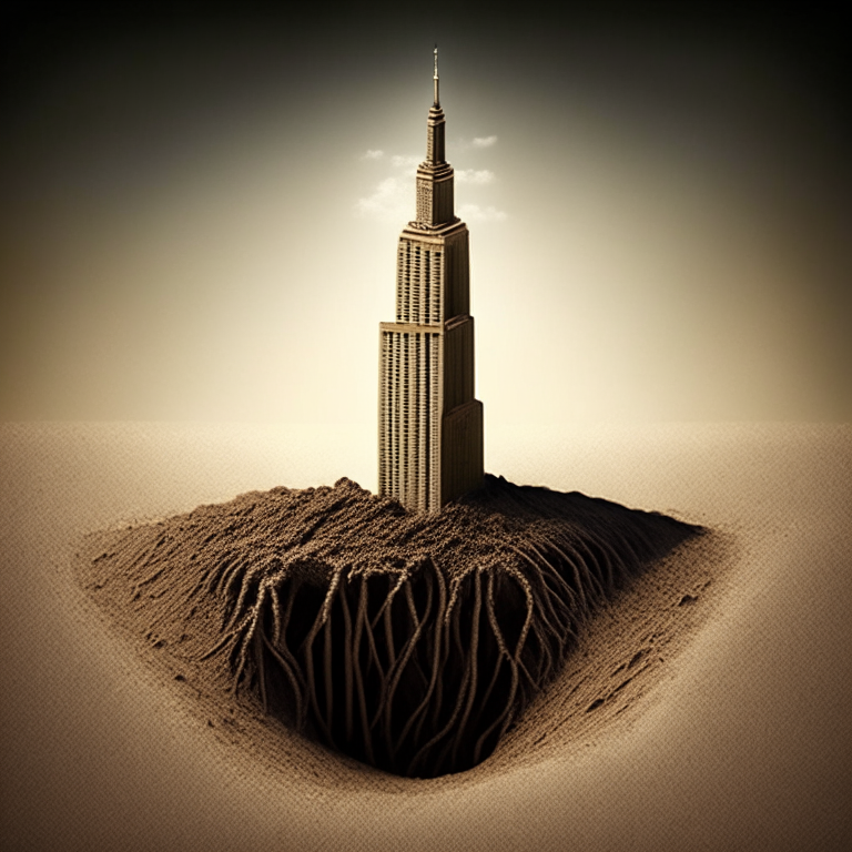 the Empire State Building in the sand with roots