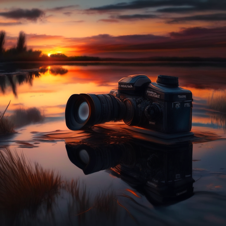 pintura fotorealista de una camara Nikon en un pantano al atardecer
