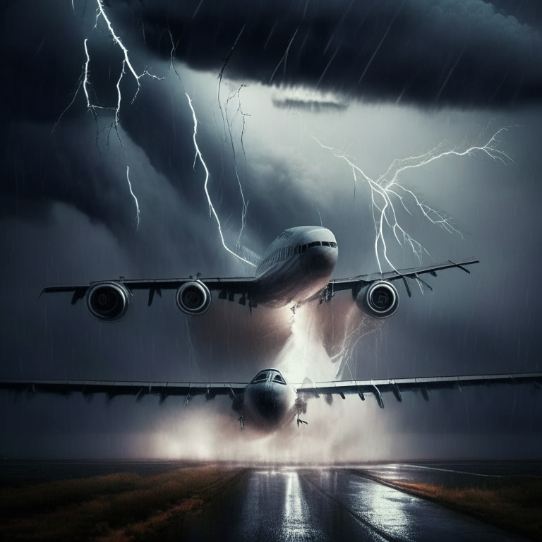 avión despegando de un portaviones en una tormenta eléctrica
