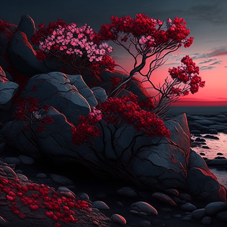 flores rojas y árboles floreciendo entre rocas negras y raíces al atardecer