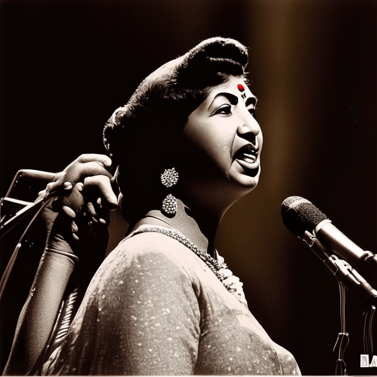 Lata Mangeshkar singing on stage with a microphone in her hand
