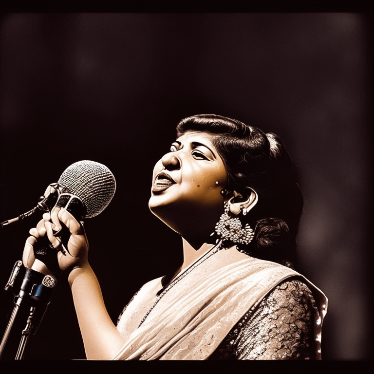 Lata Mangeshkar singing on stage with a microphone in her hand