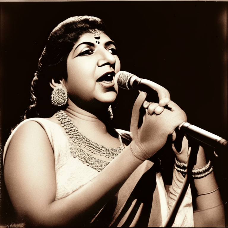 Lata Mangeshkar singing on stage with a microphone in her hand