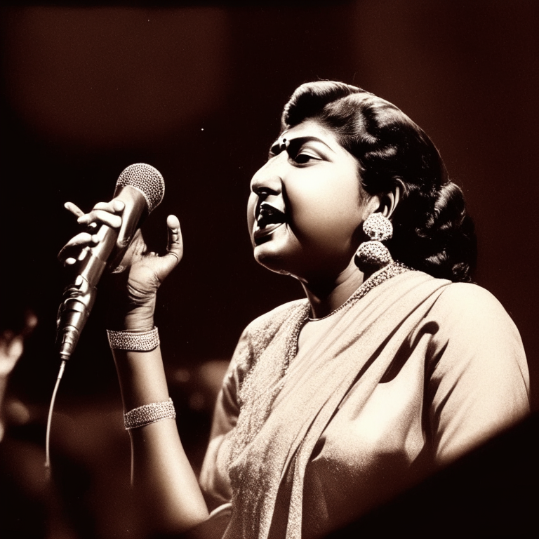 Lata Mangeshkar singing on stage with a microphone in her hand, surrounded by a large audience
