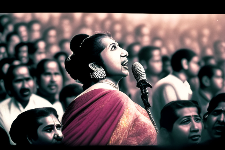 Asha Bhosle singing at a concert with a large crowd in the background