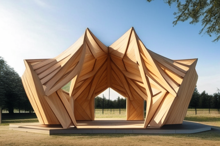 a wooden pavilion with a folding roof that opens up to the sky