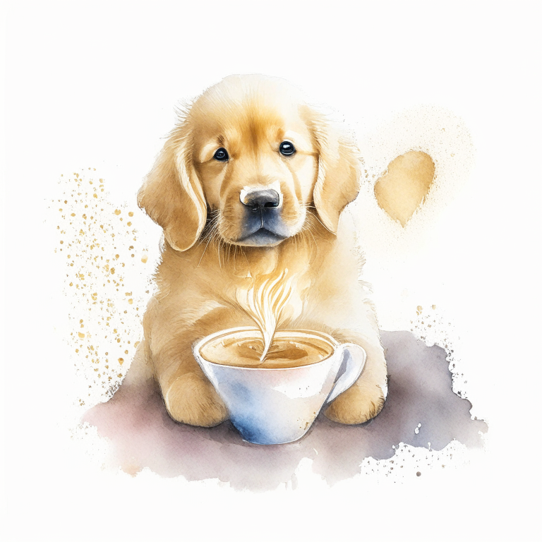 a Golden Retriever puppy drinking a latte with a heart-shaped art in a watercolor style