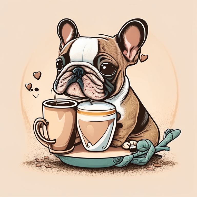 a French Bulldog puppy drinking a latte with a heart-shaped art in a cartoon style