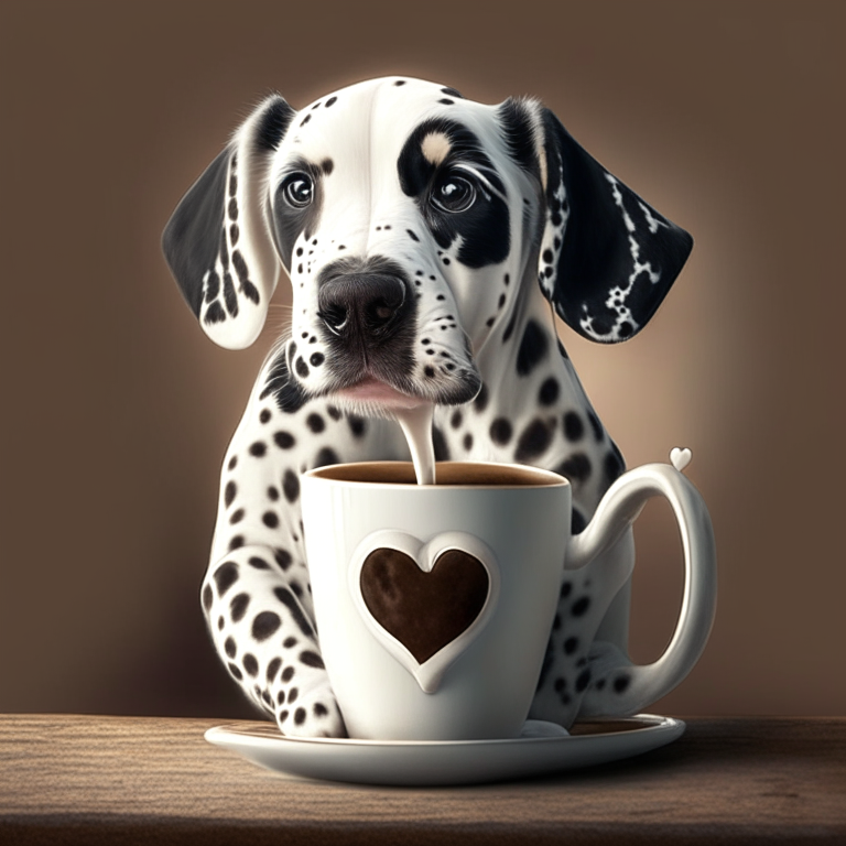 a Dalmatian puppy drinking a latte with a heart-shaped art in a realistic style