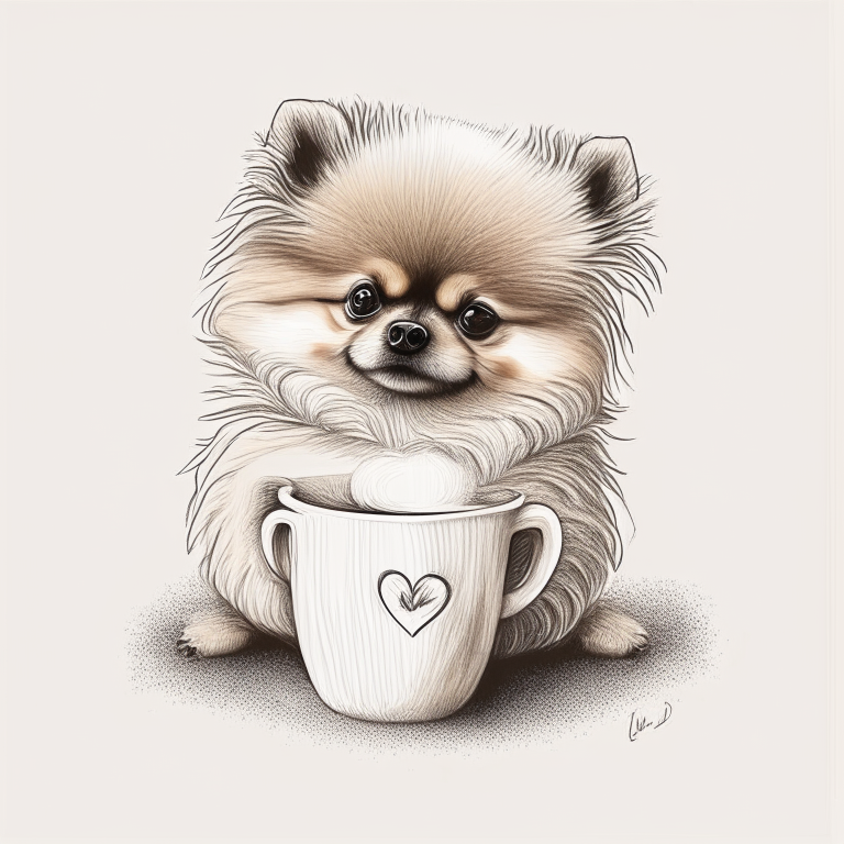 a Pomeranian puppy drinking a latte with a heart-shaped art in a sketch style