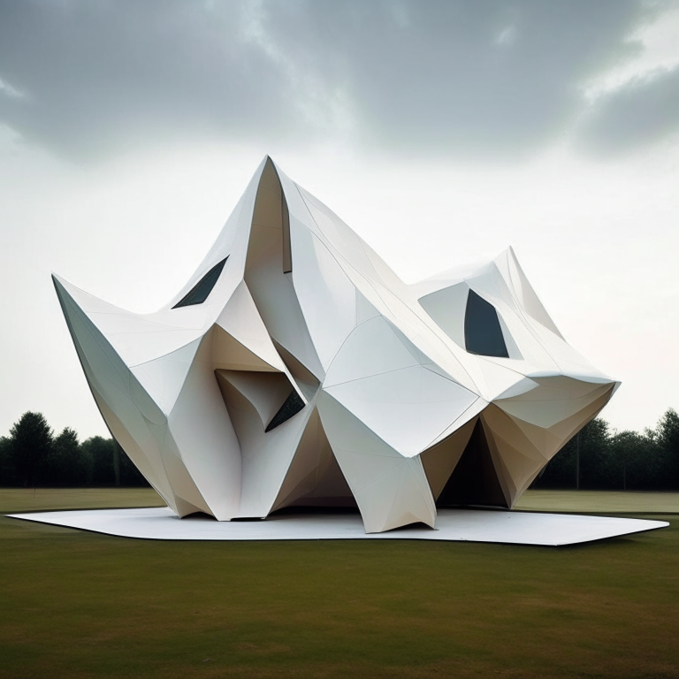 a futuristic origami pavilion with sharp angles and a minimalist design
