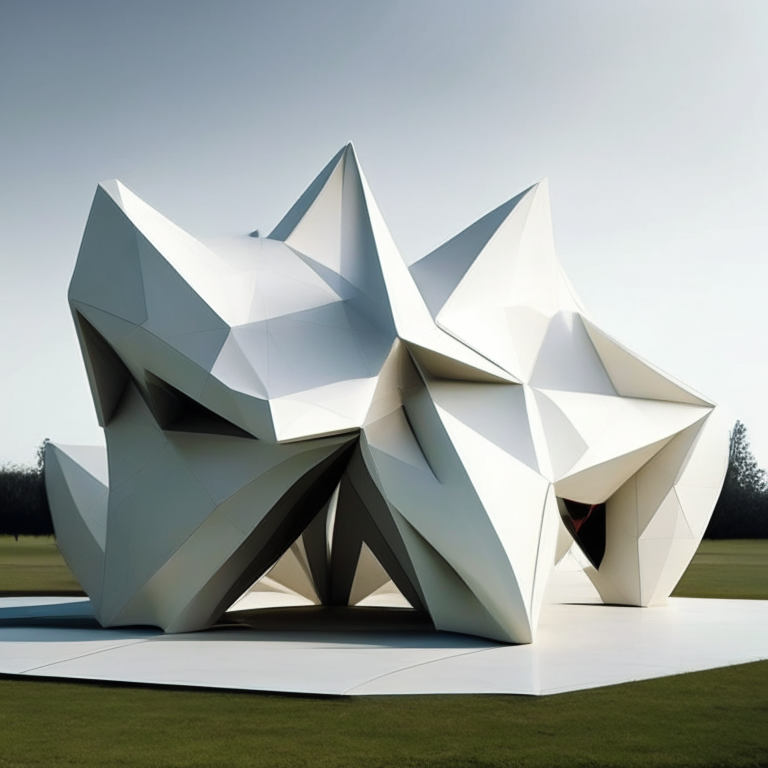 a futuristic origami pavilion with sharp angles and a minimalist design, with 4 tiles